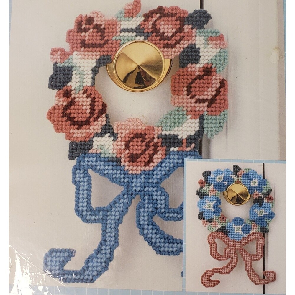 New Vtg 1990 Good Shepherd Plastic Canvas Craft Kit Victorian Wreath Door Hanger